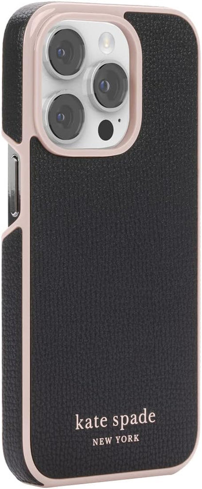 Kate Spade New York iPhone 14 Pro Folio Case, Pale Vellum/Black Bumper/Black Log